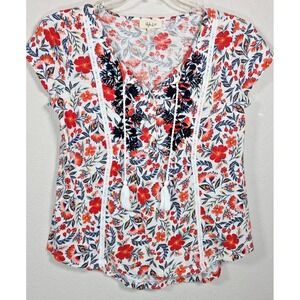Style & Co Top Small Red Blue Split Tie‎ Neck Blouse Boho Short Sleeve